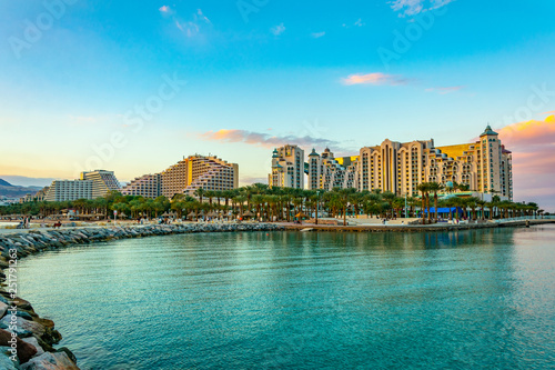 Sunset view of hotels in israeli holiday resort Eilat, Israel