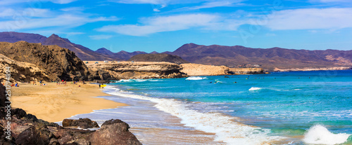 Wild beauty and unspoiled beaches of Fuerteventura. La Pared -popular surfer's spot, Canary islands