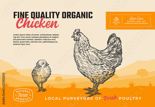 Fine Quality Organic Poultry. Abstract Vector Meat Packaging Design or Label. Modern Typography and Hand Drawn Chicken with Chick Silhouettes. Rural Pasture Landscape Background Layout with Banner