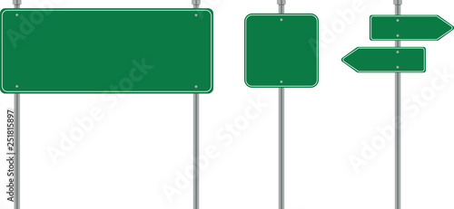 Road signs vector illustration. Vector green plate road signs templates for pointing direction. Isolated on white background.