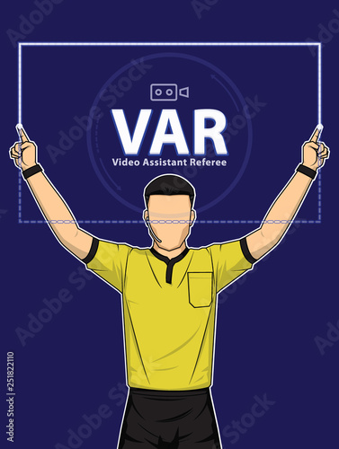 Football referee shows video assistant referees action.