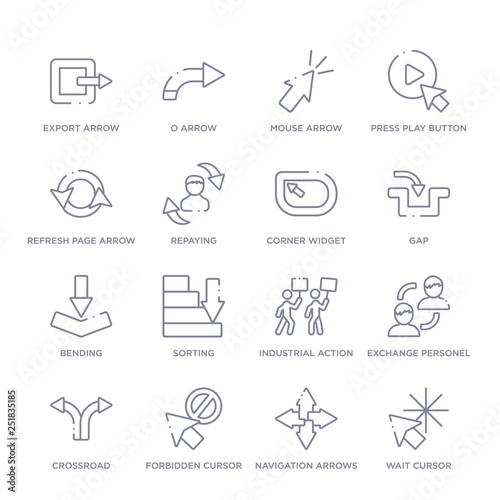 set of 16 thin linear icons such as wait cursor, navigation arrows, forbidden cursor, crossroad, exchange personel, industrial action, sorting from user interface collection on white background,