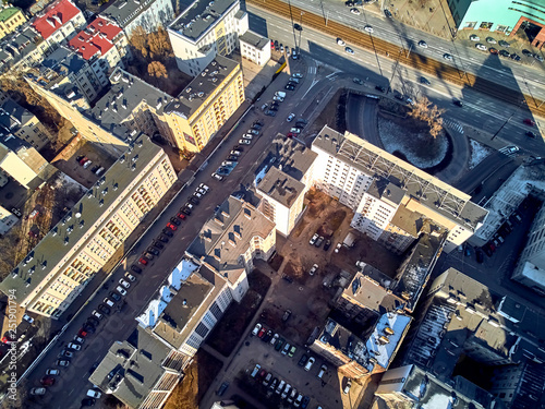 Beautiful panoramic aerial drone view to the center of Warsaw City, to the central streets of the Polish Capital, from above down
