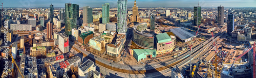 WARSAW, POLAND - FEBRUARY 23, 2019: Beautiful panoramic aerial drone view to the center of Warsaw City and "Zlota 44", residential skyscraper designed by American architect Daniel Libeskind