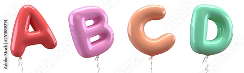 Brilliant balloons font. Alphabet letter a, b, c, d, made of realistic elastic color rubber balloon. 3D illustration for your extraordinary balloon decoration in several concepts idea in many occasion