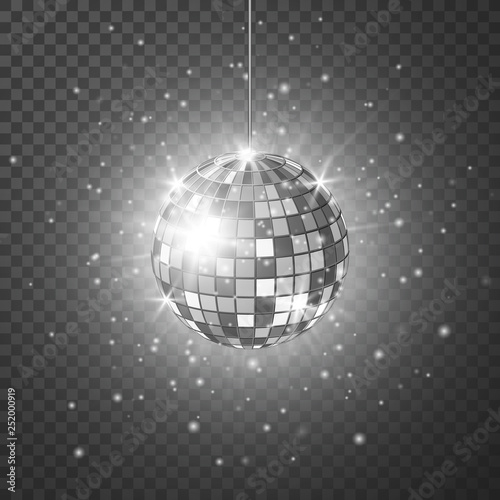 Disco or mirror ball with bright rays. Music and dance night party background. Abstract night club retro background 80s and 90s. Vector illustration