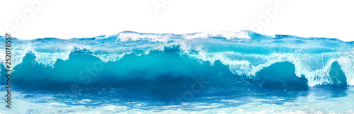 Blue sea wave with white foam isolated on white background.