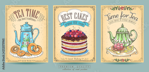 Card collection of hand-drawn cakes. Vintage posters of bakery sweet shop. Freehand drawing, sketch