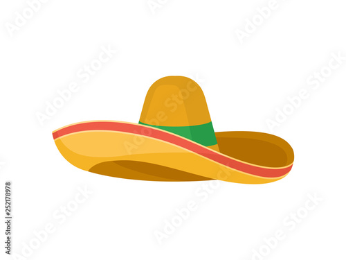 Classic brown straw sombrero. Traditional Mexican headdress. Broad-brimmed hat. Flat vector design