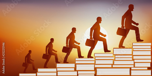Concept de l’éducation faisant accroître la connaissance avec un homme qui grandit au fur et à mesure qu’il monte un escalier dont les marches sont faites de livres.