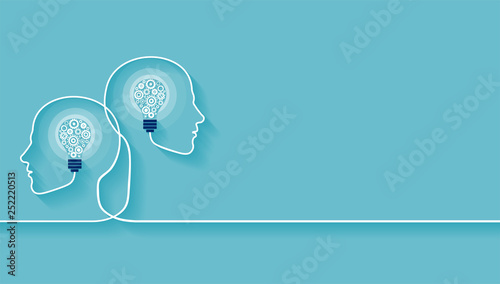 Vector of two human heads made of gears with light bulb shape inside