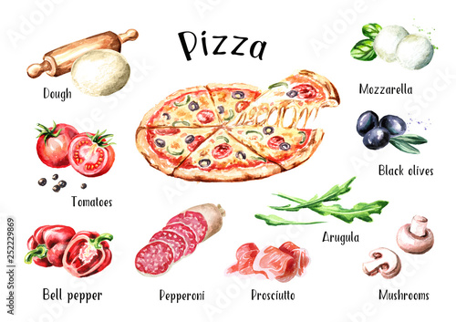 Italian Pizza. Ingredients. Watercolor hand drawn illustration, isolated on white background