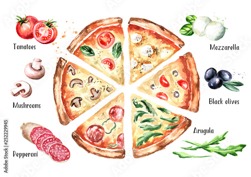 Slices of pizza with different toppings and ingradients, top view. Watercolor hand drawn illustration, isolated on white background