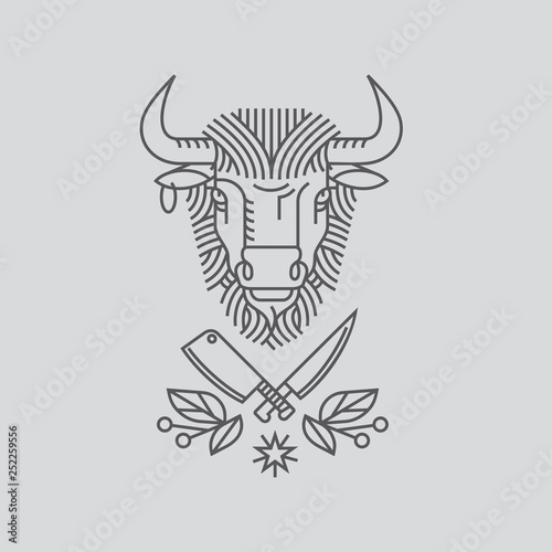 Emblem, badge with a bull's head. Ribbon, the motto, a Laurel wreath, a cleaver and a knife in the style of linear engravings design premium logo or emblem. Bull with a crown symbol of strength, perse