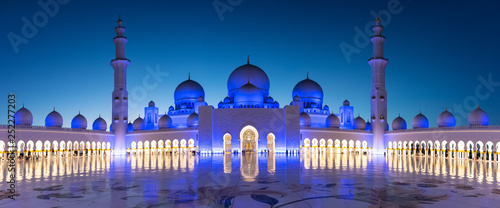 Panorama of Sheikh Zayed Grand Mosque in Abu Dhabi near Dubai at night, United Arab EMirates