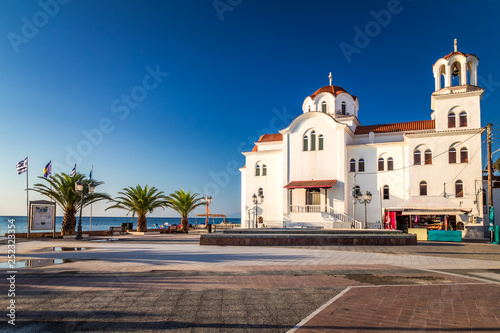 Paralia, St Photini Church at the beach, a tourist seaside part of the municipality Katerini, Greece, Europe.