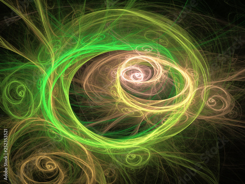 Abstract Illustration - Colorful Fractal Green Plasma, Glowing Strings of Chaotic Plasma Energy. Smoke, Energy Discharge, Scientific Plasma Study. Digital Flames, Artistic Design, Distant Universe