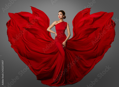 Woman Red Dress, Fashion Model in Long Silk Waving Gown Wings, Flying Fluttering Fabric