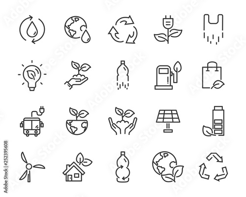 set of eco icons, such as clean energy, leaf, recycle, plastic