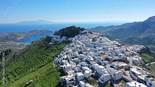 Aerial drone photo of picturesque main village or hora of Serifos island with breathtaking view to the Aegean sea in spring, Cyclades islands, Greece