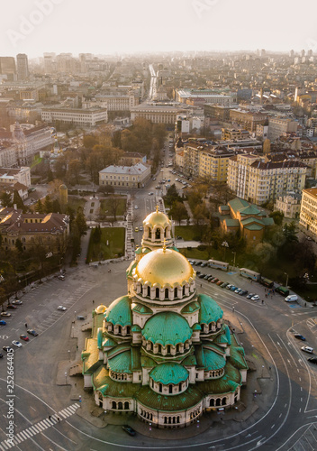 Orthodox Cathedral Alexander Nevsky, in Sofia, Bulgaria. Aerial photography in the sunset