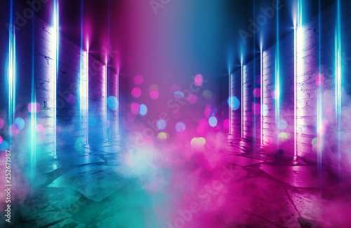 Background of an empty room with brick walls and neon lights, laser lines and multi-colored smoke