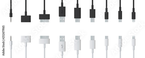 Creative vector illustration of cellphone usb charging plugs cable isolated on transparent background. Art design smart phone universal recharger accessories. Type-c interfaces, connect ports element