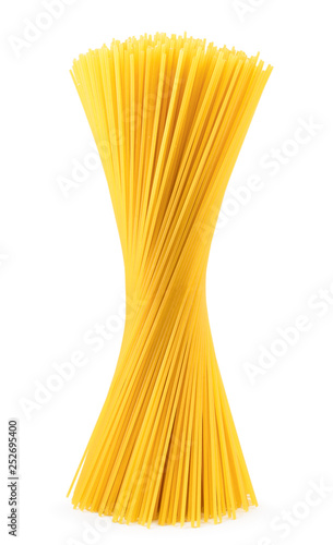 Raw spaghetti stands on a white, isolated. Pasta