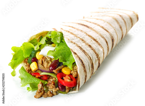 Tortilla wrap with fried minced meat and vegetables