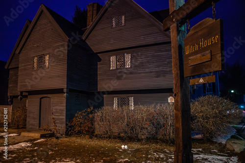 Salem, USA- March 03, 2019: Historic Johnathan Corbin House known as the Witch House because of its connection to the 1662-63 Witch Trials on a rainy day, it is located in Salem, Massachusetts