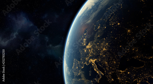  realistic render of the earth seen from space,visible lights of European cities at night.Elements of this image furnished by NASA. 3d rendering
