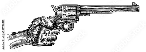 A hand holding western pistol gun revolver in a vintage retro intaglio woodcut engraved style
