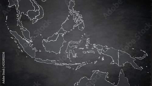 Indonesia map, state names, separate states, individual region, blackboard chalkboard raster