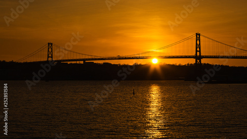 Angus L. Macdonald Bridge at sunset. The span connects Halifax and Dartmouth, Nova Scotia.
