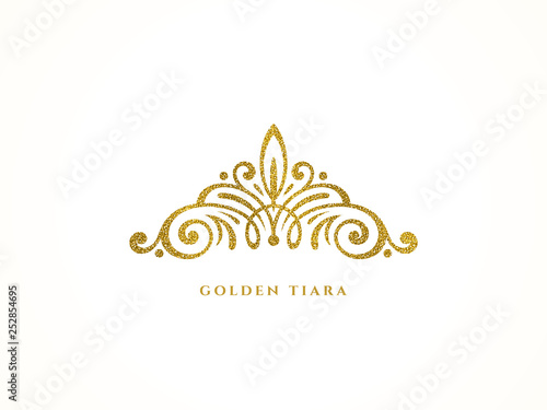 Elegant glitter gold tiara logo on white background. Vector illustration.