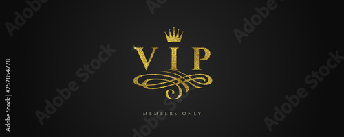 VIP - Glitter gold logo with crown and flourishes element on black background. Vector illustration.