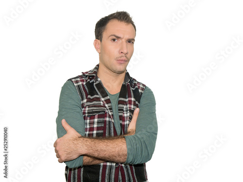 Portrait of disappointed, upset man , isolated on white background, forget something important to do,