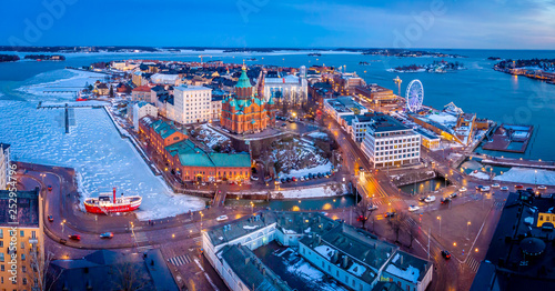 Aerial sunset view of Helsinki in winter time, Finland