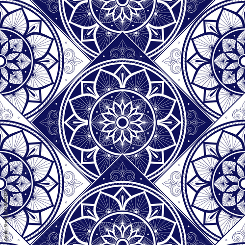 Delft dutch tile pattern vector seamless with flower ornament. Portugal azulejos, mexican talavera, italian majolica or spanish ceramic. Parquet floor texture background for kitchen or bathroom.