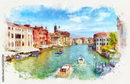 Venetian Grand Canal with boats, watercolor painting