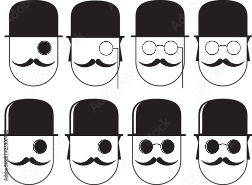 Images of men in pince-nez, hat and mustache, vector illustration