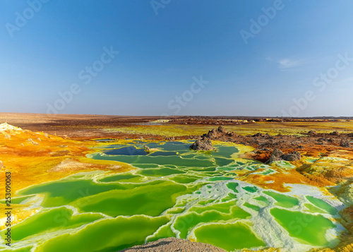 Hot springs bring mineral up to the surface and create fantastic colorful ponds and terraces at Dallol volcano in Danakil Depression of Ethiopia.