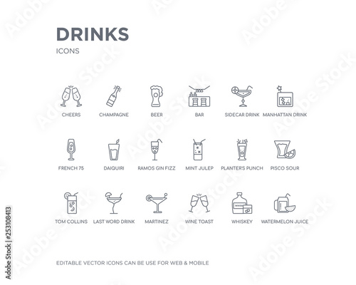 simple set of drinks vector line icons. contains such icons as watermelon juice, whiskey, wine toast, martinez, last word drink, tom collins, pisco sour, planter's punch, mint julep and more.