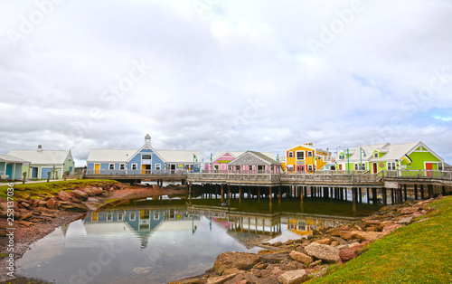 Colourful Buildings at Summerside, Prince Edward Island, PEI, Canada. Small shops selling PEI souvenirs at the harbour.