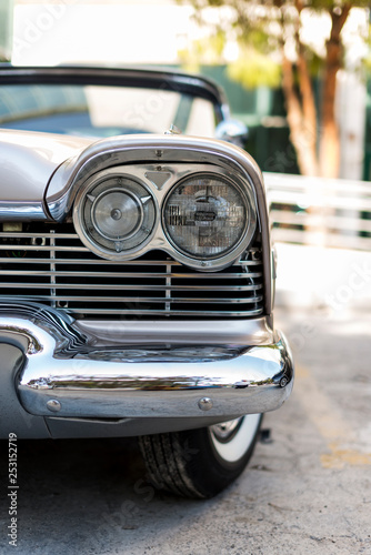 Front side and headlights view of a 1957 Plymouth Vintage car in Izmir Turkey.