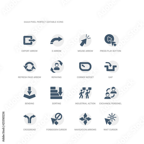 simple set of icons such as wait cursor, navigation arrows, forbidden cursor, crossroad, exchange personel, industrial action, sorting, bending, gap, corner widget. related ui icons collection.