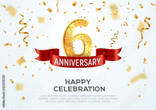 6 years anniversary vector banner template. Six year jubilee with red ribbon and confetti on white background