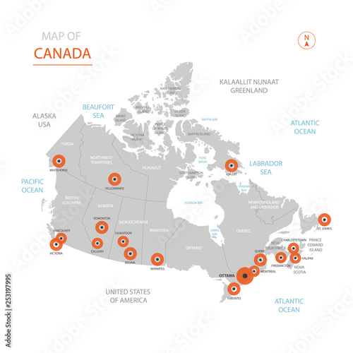 Stylized vector Canada map showing big cities, capital Ottawa, administrative divisions.