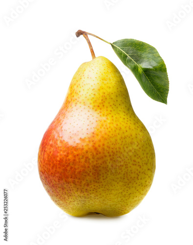 ripe pear with leaf isolated on white background