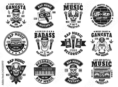 Rap and hip-hop set of twelve vector black emblems